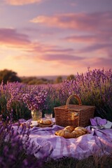 Summer picnic with wine and cheese in the lavender field, outdoors, sunset light, Generative AI,