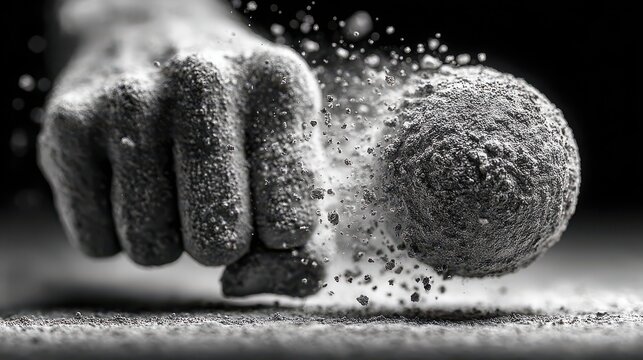 A stylized, colossal fist made of textured rock impacting a surface, sending a powerful explosion of fragmented stone and dust into the air, conveying immense power and impact