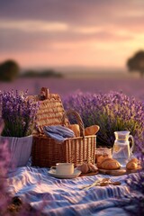 Summer picnic with wine and cheese in the lavender field, outdoors, sunset light, Generative AI,