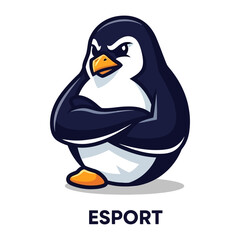 Esport Penguin: A stylized esport penguin embodies the essence of gaming with a determined gaze and crossed arms, the bold design capturing the energy of digital competition.