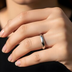 Simple Silver Wedding Band on Woman&rsquo;s Hand &ndash; Classic Marriage, Love, and Anniversary Ring Concept