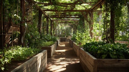Green corridor fruit vines and compost fed raised beds in sustainable farm layout
