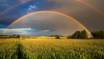 Naklejka premium rainbow arches across a cloudy sky over a rural landscape in the late afternoon creating a serene and picturesque scene