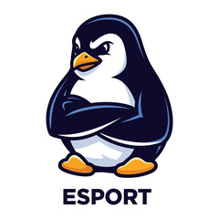 Penguin E-sport Mascot: An energetic mascot penguin, radiating a competitive edge with its crossed arms, perfect for showcasing the excitement of e-sports.