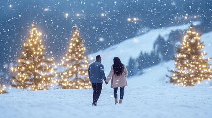 Obraz premium Romantic couple walking away hand-in-hand in snowy landscape with illuminated Christmas trees.