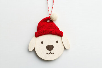 A cute wooden puppy ornament with a festive hat hanging on a string. Evoking the festive spirit of the holiday.