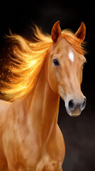 Obraz premium A majestic horse with a flowing fiery mane stands poised, embodies strength and grace. A striking representation of power and beauty, highlighted against a dark background.