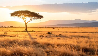 Fototapeta premium Acacia tree silhouette in golden savanna landscape at sunset with distant mountains and sky