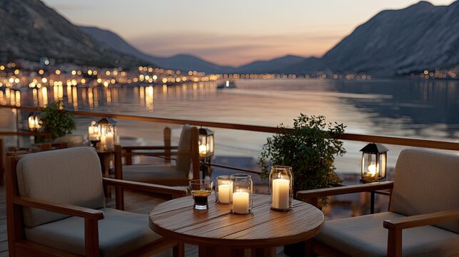 Charming setting with a beautifully arranged table, glowing candles, and stunning mountain views as evening falls