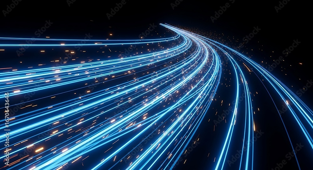 Poster abstract digital light trails creating a sense of speed and forward motion