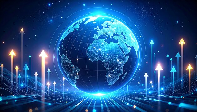 Digital globe with glowing continents surrounded by upward arrows on blue background with stars