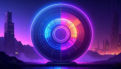Futuristic glowing circular infographic wheel with data segments against a cityscape background