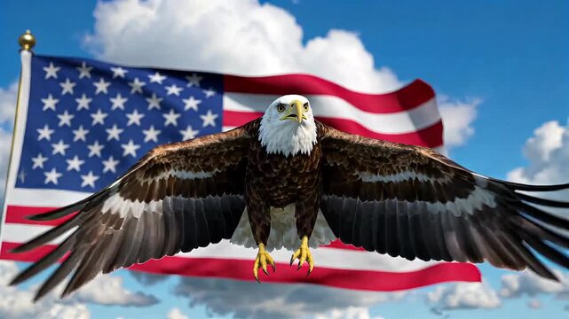 Majestic bald eagle flying with wings spread in front of a waving American flag under a blue sky with clouds.