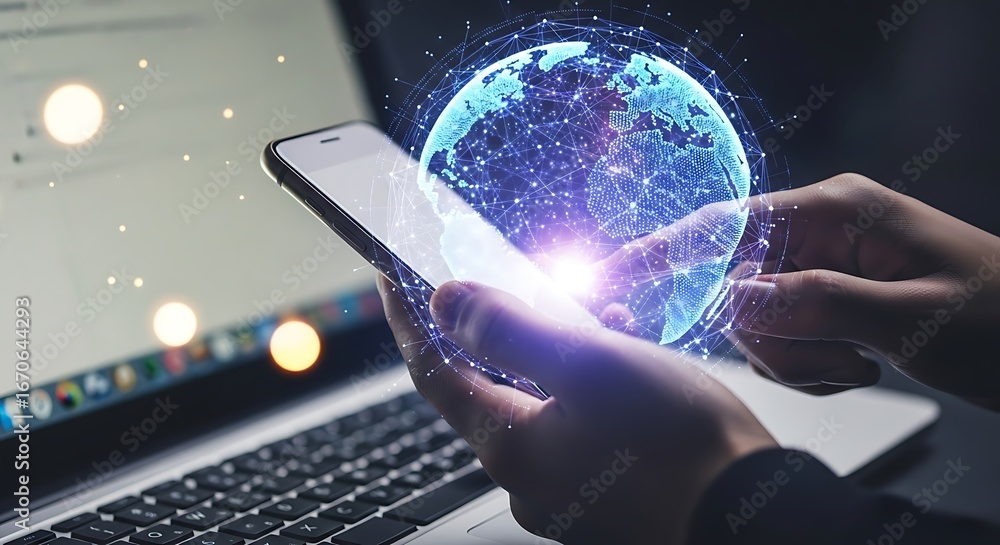 Poster a person using a smartphone with a digital globe overlay, showcasing global connectivity
