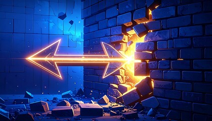 Glowing orange arrow breaking through blue brick wall with debris and bright light abstract concept