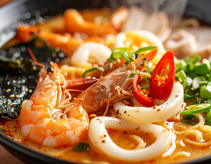 Close-up of spicy seafood ramen with shrimp, squid, noodles, chili peppers, seaweed, and green onions in a rich broth. Colorful and appetizing Asian cuisine dish with vibrant flavors.