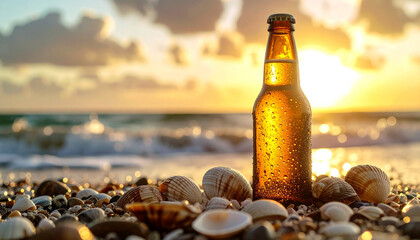 Cold beer bottle with water drops standing among seashells on a pebble beach at sunset. Refreshing summer drink with golden sunlight reflecting on the ocean waves.