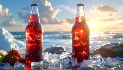 Two glass bottles of refreshing red soda with ice cubes, placed on the beach with strawberries, ice, and ocean waves in the background, symbolizing summer freshness and relaxation.
