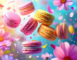 Colorful French macarons floating among blooming flowers and petals on a bright background, symbolizing sweetness, elegance, celebration, and the joy of desserts in springtime.

