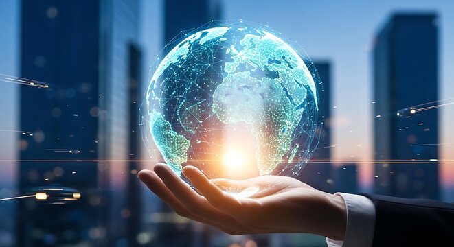 A digital globe held in a hand against a city skyline, symbolizing global technology