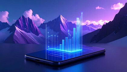 Holographic blue chart floating above smartphone screen with purple mountain landscape background