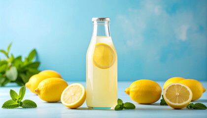 Refreshing glass bottle of homemade lemonade with lemon slices and mint leaves, surrounded by fresh whole lemons on a blue background. Summer drink symbolizing freshness and vitality.
