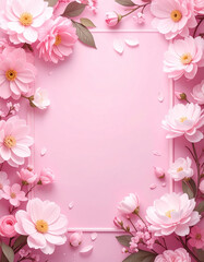 Elegant pink floral frame with blooming flowers and delicate petals on a pastel background. Perfect for greeting cards, invitations, posters, or springtime decorative design.