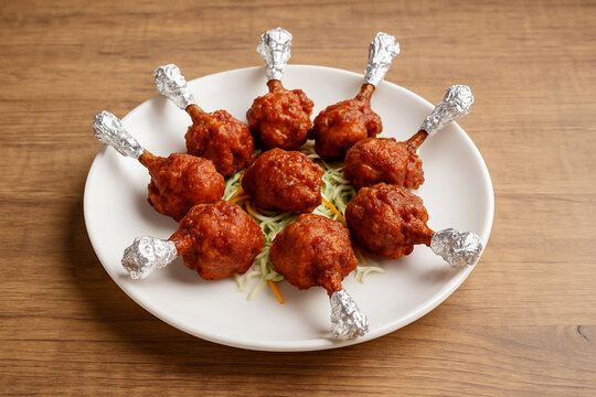 chicken lollipop, served in dish isolated wooden table