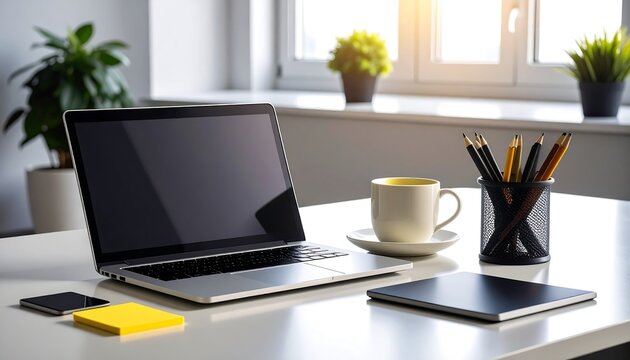 Laptop on white desk with coffee mug pencils sticky notes and potted plants near a window