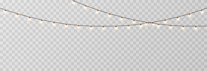 Christmas garland png. Bright Christmas golden lights. Christmas decoration for holiday design.