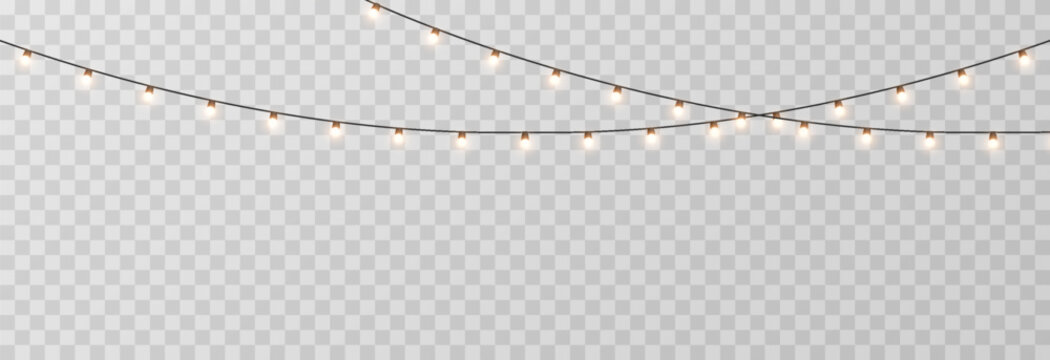 Christmas garland png. Bright Christmas golden lights. Christmas decoration for holiday design.