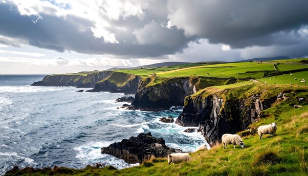 Scenic coastal landscape with rugged cliffs green fields sheep grazing under dramatic cloudy sky