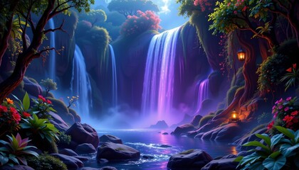 Fototapeta premium a vibrant nighttime scene of a lush forest with a majestic waterfall