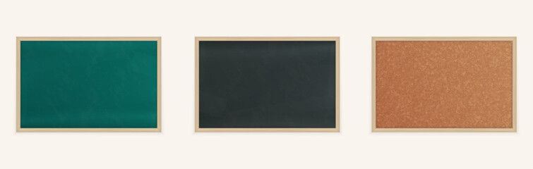 Set of Green Chalkboard, Black Chalkboard, and Cork Bulletin Board.