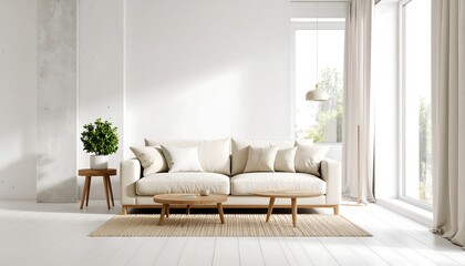Fototapeta premium A bright, modern living room features a light beige sofa, wooden accent tables, and a natural light-filled space.