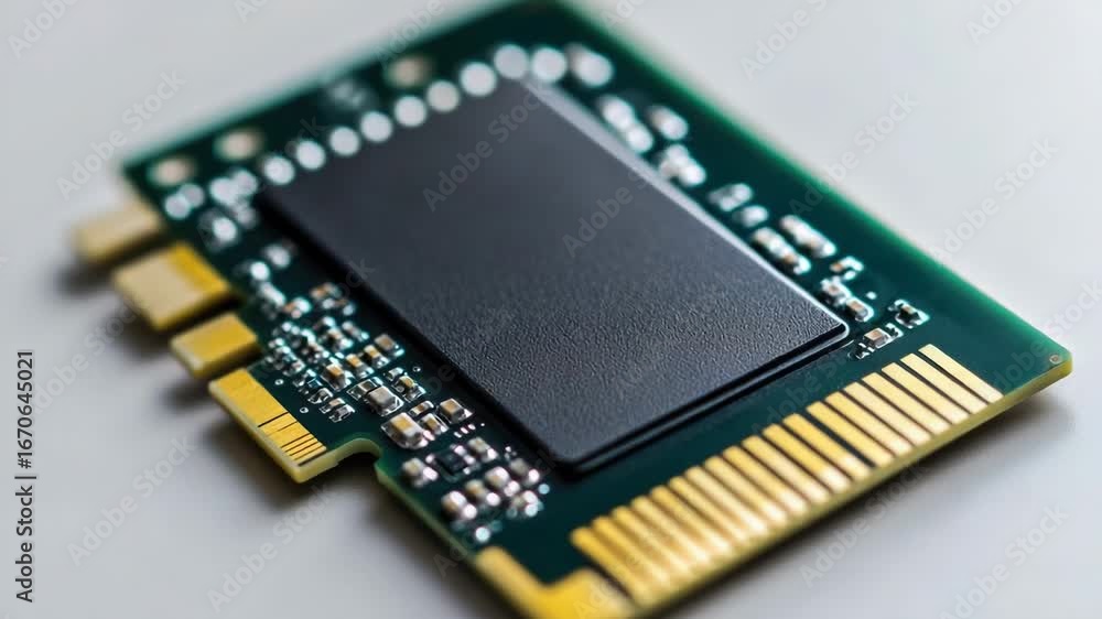 Poster a detailed view of a computer chip on a table, suitable for use in tech-related projects or illustra