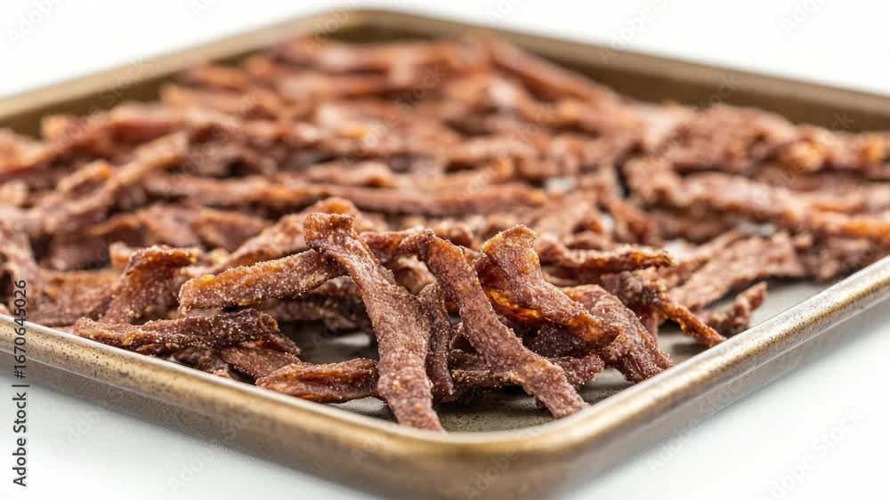 Poster A pan filled with cooked bacon on top of a table