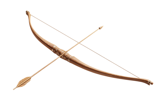 Old wooden bow and arrow isolated on transparent background