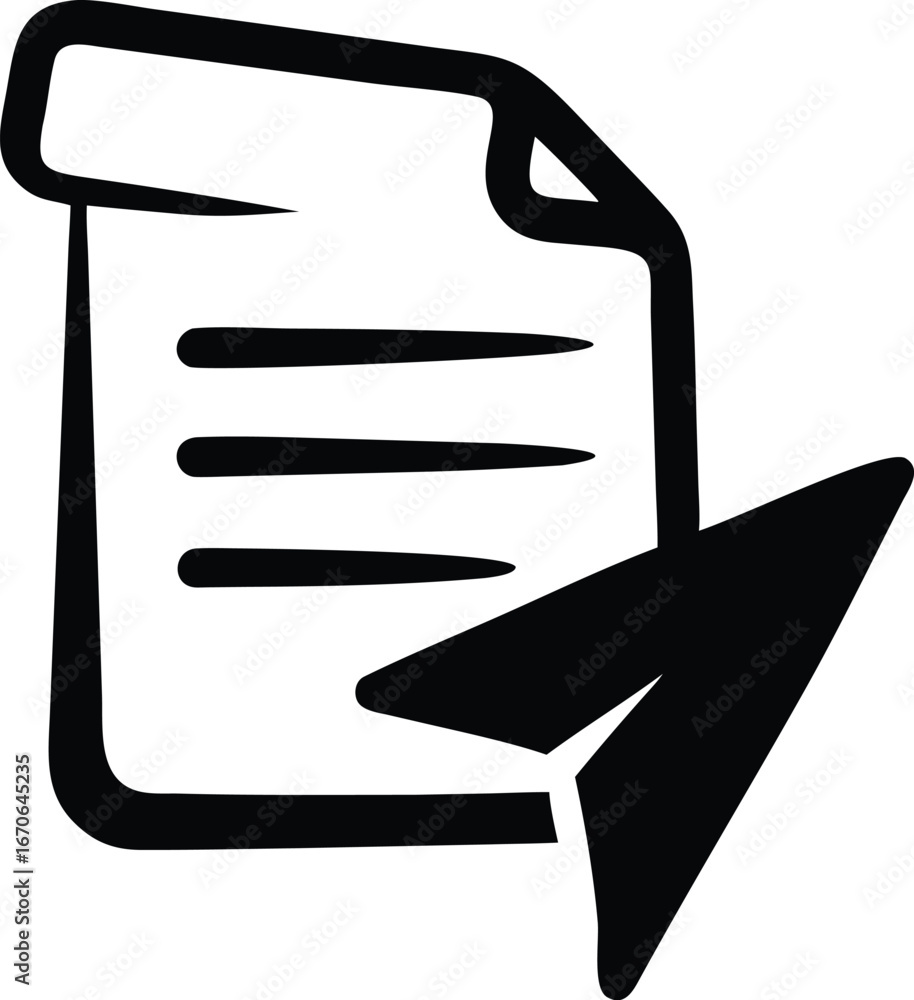 Poster black and white icon of a document with lines and a paper airplane symbol indicating sending or comm