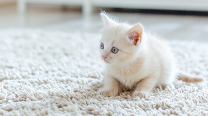 Adorable White Kitten Sitting on Soft Cream Carpet in Bright Home Environment