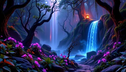 Obraz premium an enchanting forest scene at night. a waterfall cascades down to a stream below, creating a serene atmosphere
