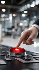 A hand is poised to activate a bright red button on a sleek control panel, indicating an upcoming action in a professional setting
