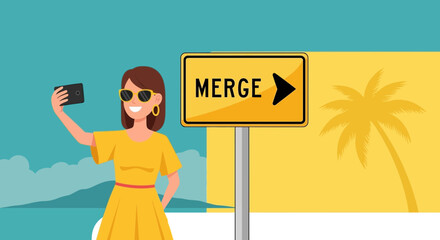 Woman Taking Selfie Near Merge Road Sign With Tropical Scenery Background