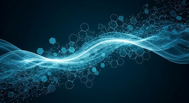 Abstract blue wave with hexagonal shapes on a dark blue background