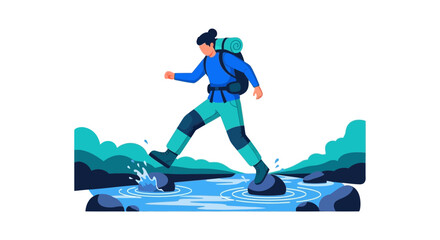 Obraz premium Woman Trekking Across Stream Illustration On A Sunny Day With Backpack