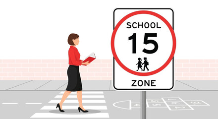 Woman Walks Across Crosswalk Near School Zone Sign Wearing Red Shirt