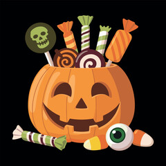 Halloween Pumpkin with a Variety of Candies Halloween Candy on Black Background