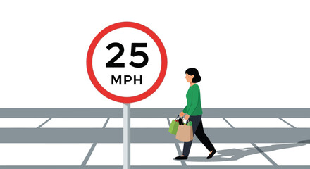 Woman Walks Past Twenty Five Miles Per Hour Sign on Crosswalk