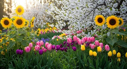 Colorful garden of blooming sunflowers and tulips.