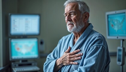 Elderly man in a nursing home holding his chest with concern in a clinical environment, copy space